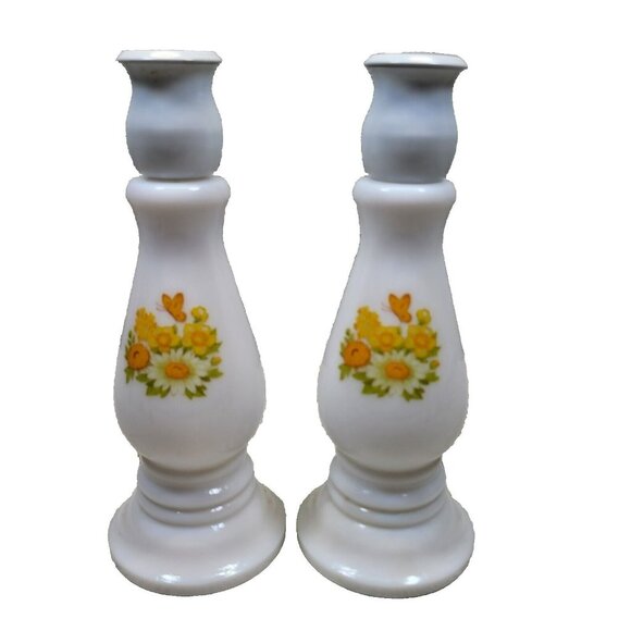 2 Avon Milk Glass Perfume‎ Candle Sticks Spring Yellow Flowers Buttercup Vtg - Picture 1 of 7
